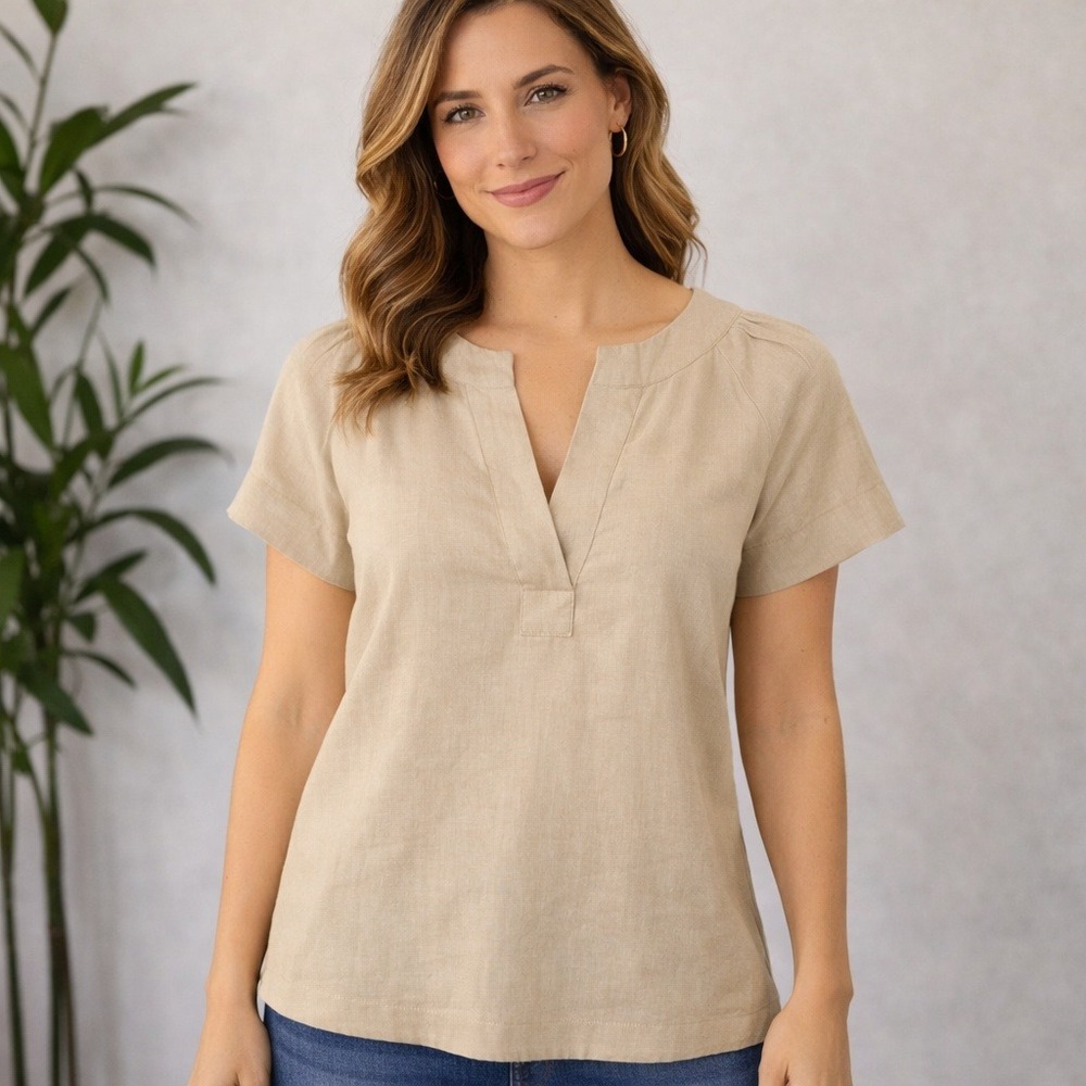 J.Crew Womens Khaki Tan 100% Linen Split Neck Short Sleeve Top XS